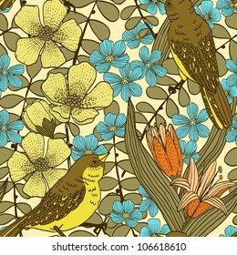 Seamless floral pattern with birds