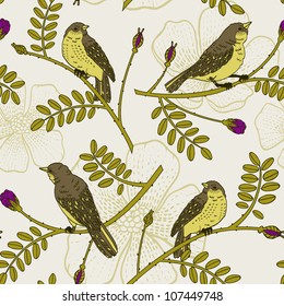 Seamless floral pattern with birds