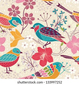 Seamless floral pattern with birds