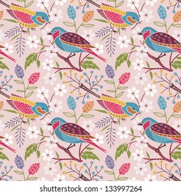 Seamless floral pattern with birds