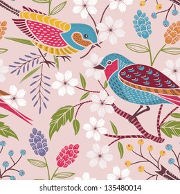 Seamless floral pattern with birds