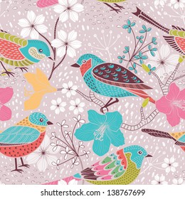 Seamless floral pattern with birds