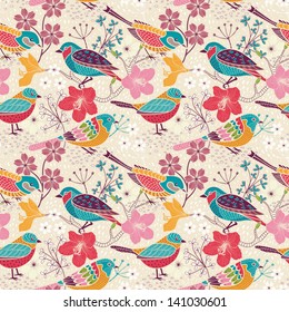 Seamless floral pattern with birds