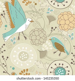 Seamless floral pattern with birds