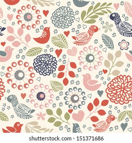 Seamless floral pattern with birds