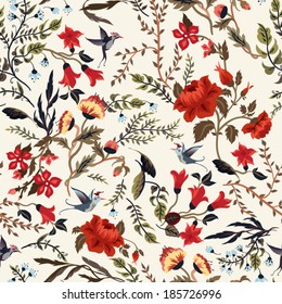 Seamless floral pattern with birds