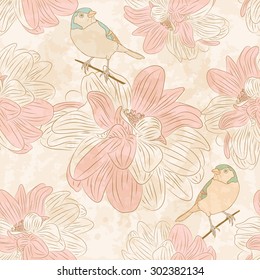 Seamless floral pattern with birds