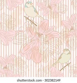 Seamless floral pattern with birds