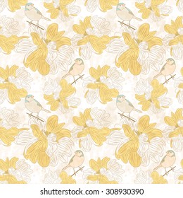 Seamless floral pattern with birds.