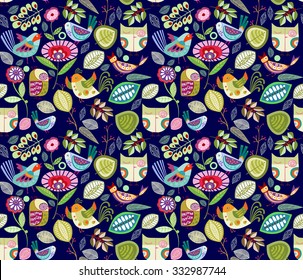 Seamless floral pattern with birds