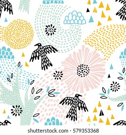 Seamless floral pattern with birds