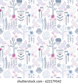 Seamless floral pattern with birds