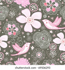 Seamless floral pattern with birds