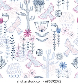 Seamless floral pattern with birds