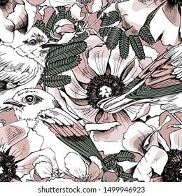 Seamless floral pattern. Birds in a Anemone, cherry, herbs flowers and leaves. Textile composition, hand drawn style print. Vector illustration.