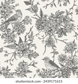 Seamless floral pattern with birds. Blooming garden trees cherry and rose.