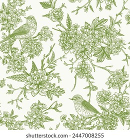 Seamless floral pattern with birds. Blooming garden trees. Vector detailed design. Green.