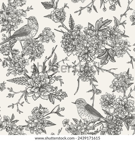Seamless floral pattern with birds. Blooming garden trees cherry and rose.