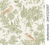 Seamless floral pattern with birds and blossoming branches of cherry and kerria japonica in green and gold.
Spring vintage background.