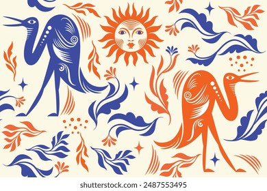 Seamless floral pattern with birds, branches and flowers, the elegance of a beautiful botanical pattern on the theme of nature and folk motif