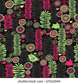 Seamless floral pattern with birds in crown.
