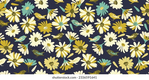 seamless floral pattern with birds and daisy. Vector design for paper, fabric and other surface.