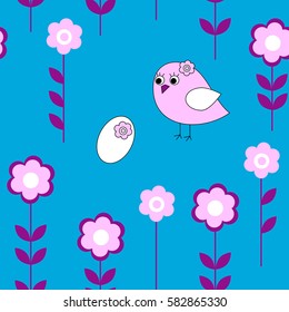 Seamless floral pattern with a birds and eggs