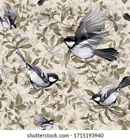 Seamless floral pattern with birds, flowers and leaves. Seamless background with bullfinch and plants on vector