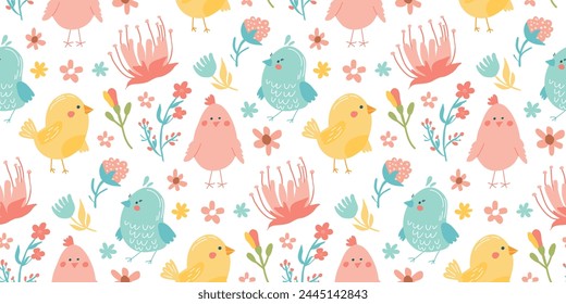 Seamless floral pattern with birds. Hand drawn background