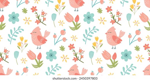 Seamless floral pattern with birds. Hand drawn style
