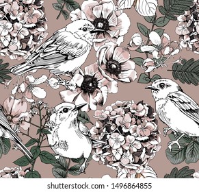 Seamless floral pattern. Birds in a Hydrangea, Anemone, cherry, herbs flowers and leaves. Textile composition, hand drawn style print. Vector illustration.