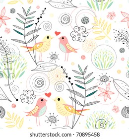 Seamless floral pattern with birds in love