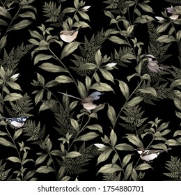 Seamless floral pattern with birds on vector. Botanical background with birds