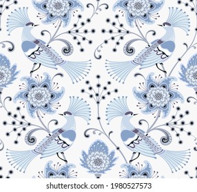 Patrón floral sin foco con pájaros en las ramas floridas. Fondo vectorial.
