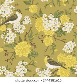 Seamless floral pattern with birds on a mustard background. Blooming garden trees. Warbler warbler. Vector detailed background. Botanical illustration. Colorful