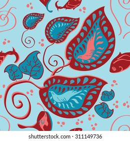 seamless floral pattern with birds on light blue background