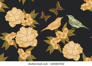Seamless floral pattern with birds, roses and butterflies. Hand-drawn, vector illustration.