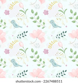 Seamless floral pattern with birds in spring for birthday, wedding, anniversary and party. Design for textile, banner, poster, card, invitation and scrapbook. Vector illustration