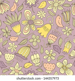 Seamless floral pattern with birds in violet color.