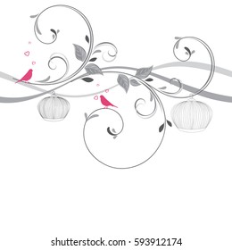 Patrón floral transparente con aves.Ilustración vectorial de dibujo manual