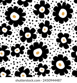 Seamless floral pattern with black abstract flowers. Botanical monochrome  bold texture. Vector illustration