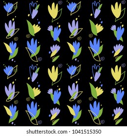 Seamless floral pattern with black background. Vector illustration. Print design for textiles, clothing, bed linen, fabrics, wrapping paper. Hand drawn