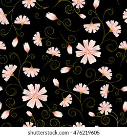 Seamless floral pattern black background. Pink daisy cornflower with green curly leaves.
