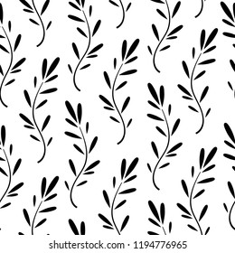 Seamless floral pattern with black blades of grass. Floral texture on white background. Cartoon style sprigs with oval leaflets. For printing on fabric or paper. Vector illustration.