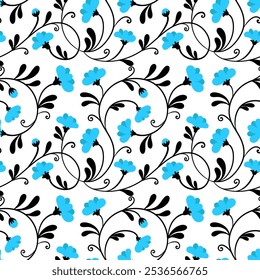 Seamless floral pattern in black and blue tones. Perfect for printing on both fabric and paper