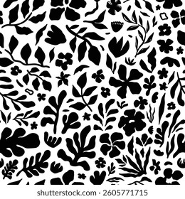 Seamless floral pattern with black botanical silhouettes on a white background. Elegant hand drawn flowers and leaves for textile, wallpaper, packaging, and digital projects. Modern monochrome design