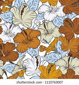 Seamless floral pattern in black and brown colors with motley hibiscus flowers. Vector illustration.