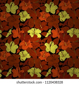 Seamless floral pattern in black, brown and orange colors with motley hibiscus flowers. Vector illustration.