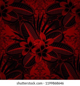 Seamless Floral Pattern in black, brown and red colors. Vector plumeria flowers seamless pattern.