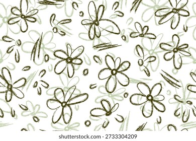 Seamless floral pattern with black brushstrokes on transparent white background. Flowers are hand-drawn simple, minimalist, ink-sketch style. Botanical decorative for packaging, textiles, wallpaper